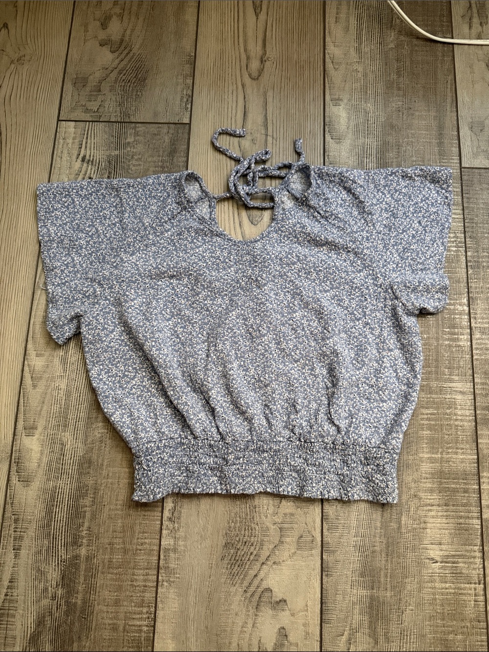Paper Crane Blue Floral Tie-Back Smocked Crop Top